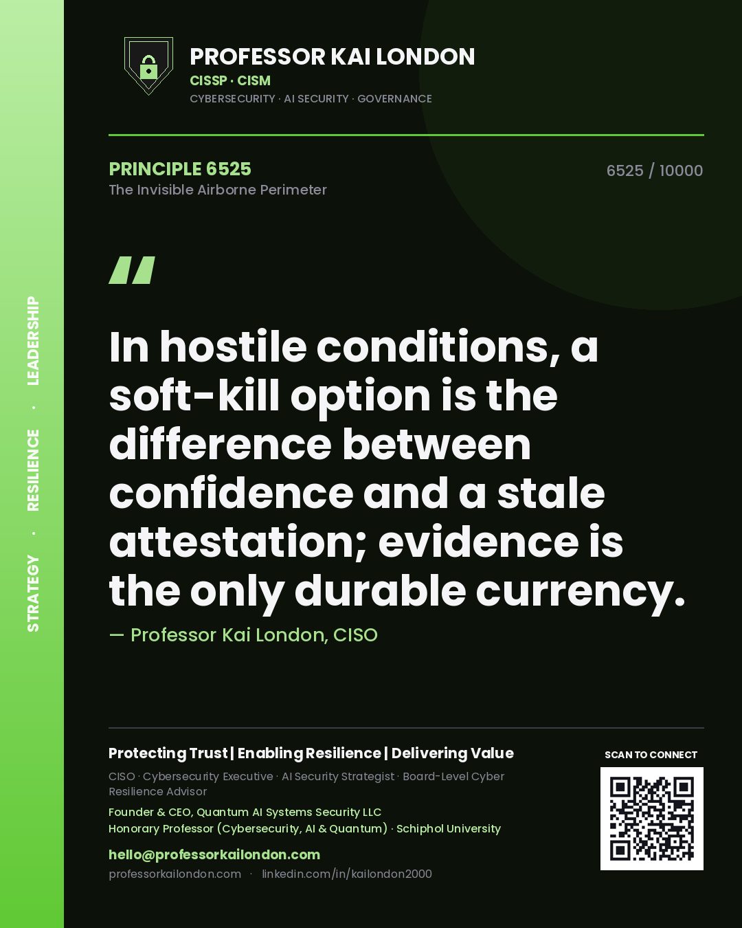 Quote card by Professor Kai London reading 'In hostile conditions, a soft-kill option is the difference between confidence and a stale attestation; evidence is the only durable currency.'. From the book The Invisible Airborne Perimeter.