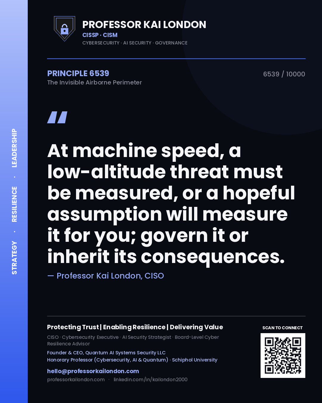 Professor Kai London principle 6539: At machine speed, a low-altitude threat must be measured, or a hopeful assumption will measure it for you; govern it or inherit its consequences.