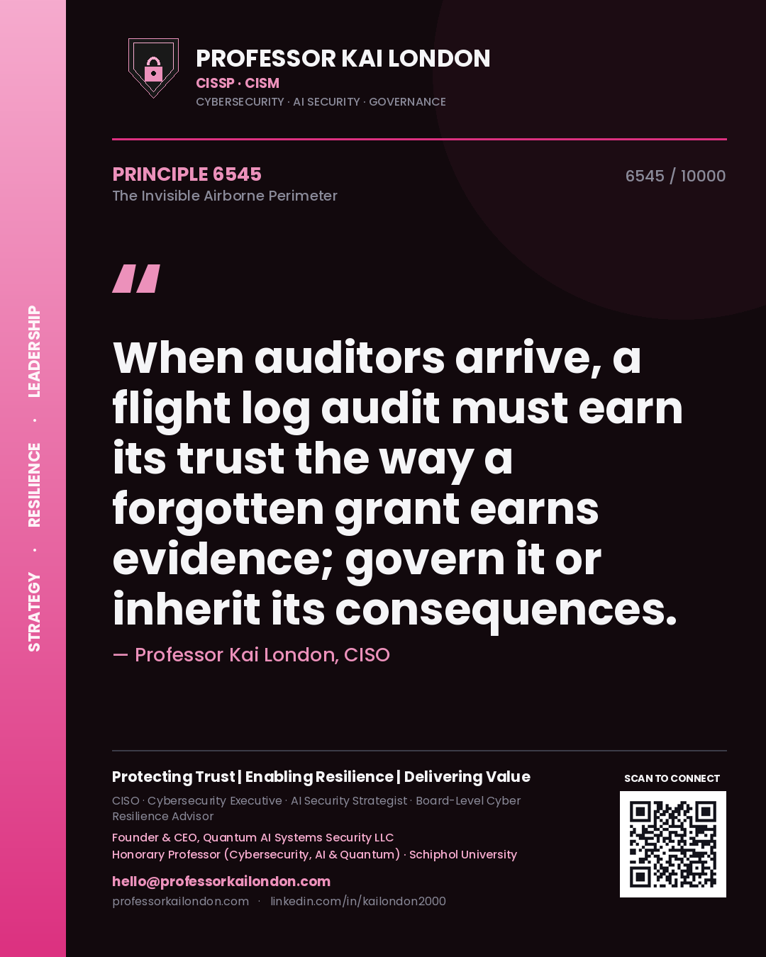 Professor Kai London principle 6545: When auditors arrive, a flight log audit must earn its trust the way a forgotten grant earns evidence; govern it or inherit its consequences.
