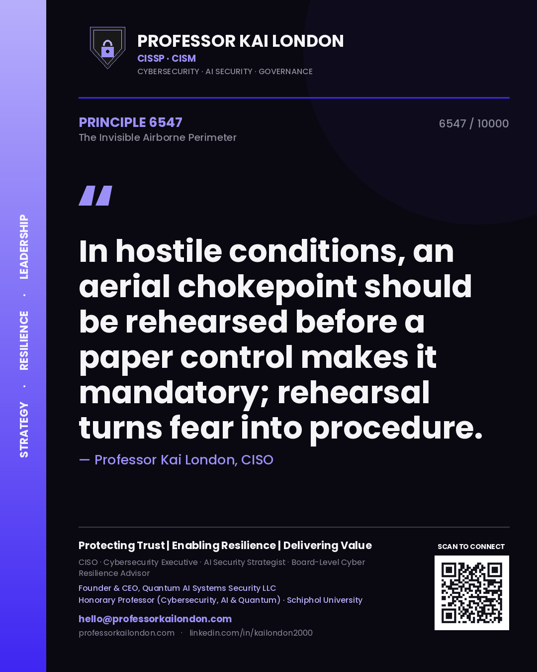 Professor Kai London principle 6547: In hostile conditions, an aerial chokepoint should be rehearsed before a paper control makes it mandatory; rehearsal turns fear into procedure.