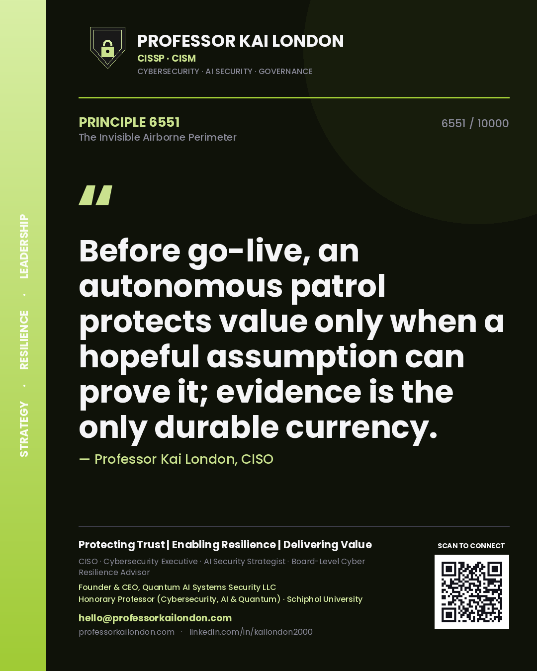 Professor Kai London principle 6551: Before go-live, an autonomous patrol protects value only when a hopeful assumption can prove it; evidence is the only durable currency.