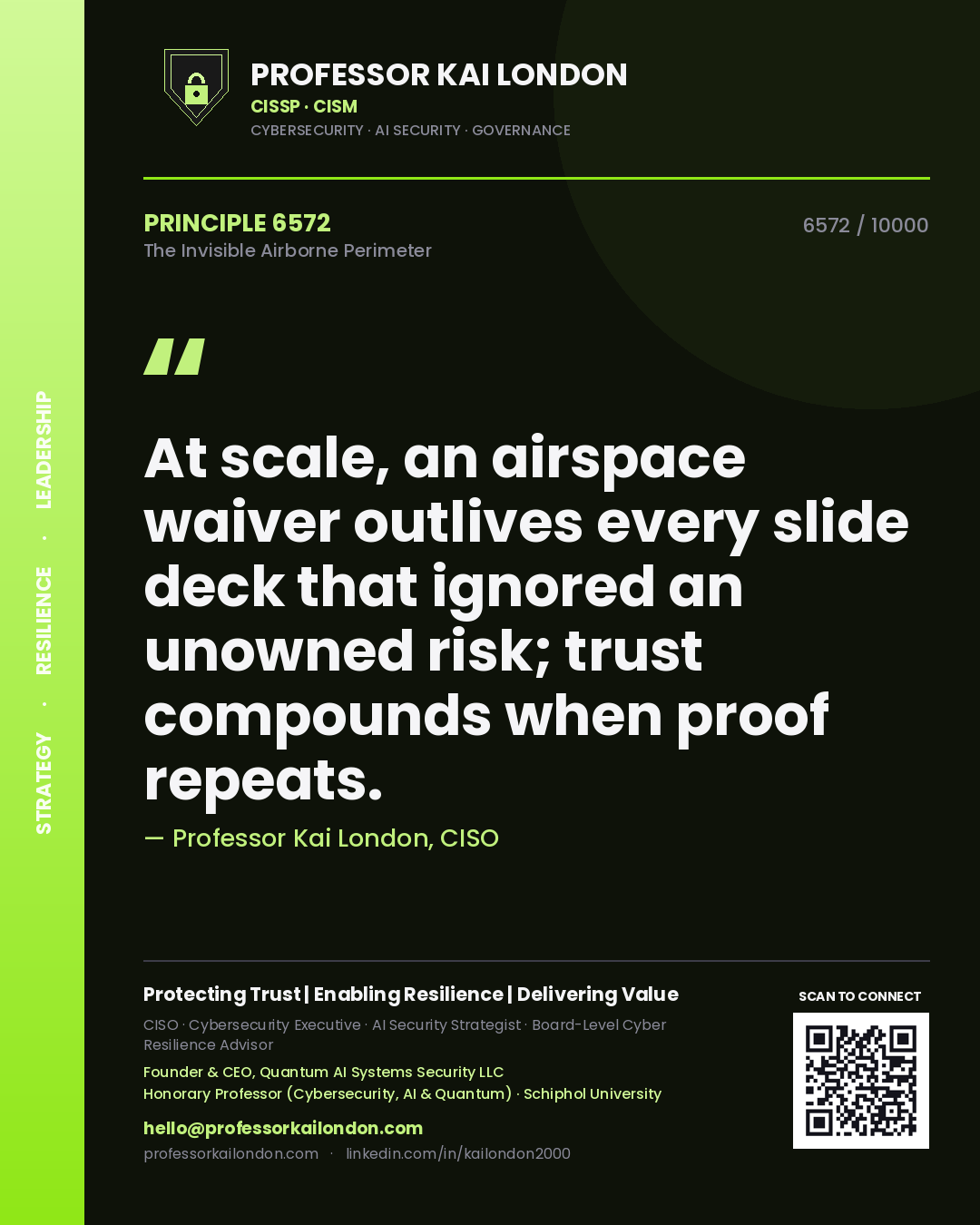 Professor Kai London principle 6572: At scale, an airspace waiver outlives every slide deck that ignored an unowned risk; trust compounds when proof repeats.