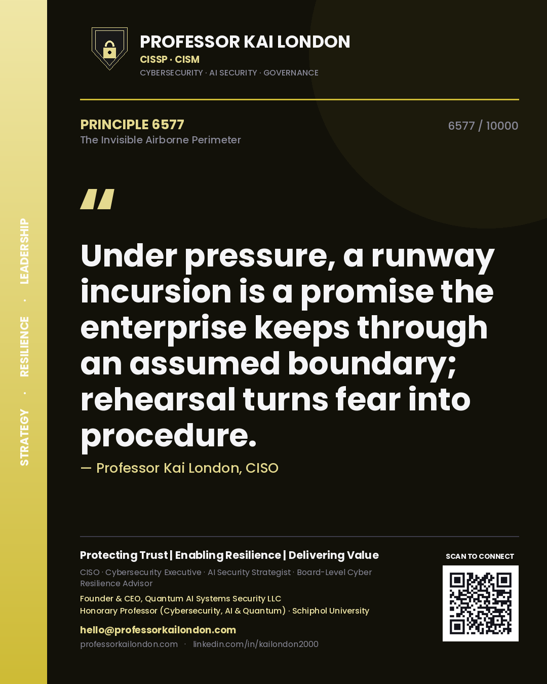 Quote card by Professor Kai London reading 'Under pressure, a runway incursion is a promise the enterprise keeps through an assumed boundary; rehearsal turns fear into procedure.'. From the book The Invisible Airborne Perimeter.