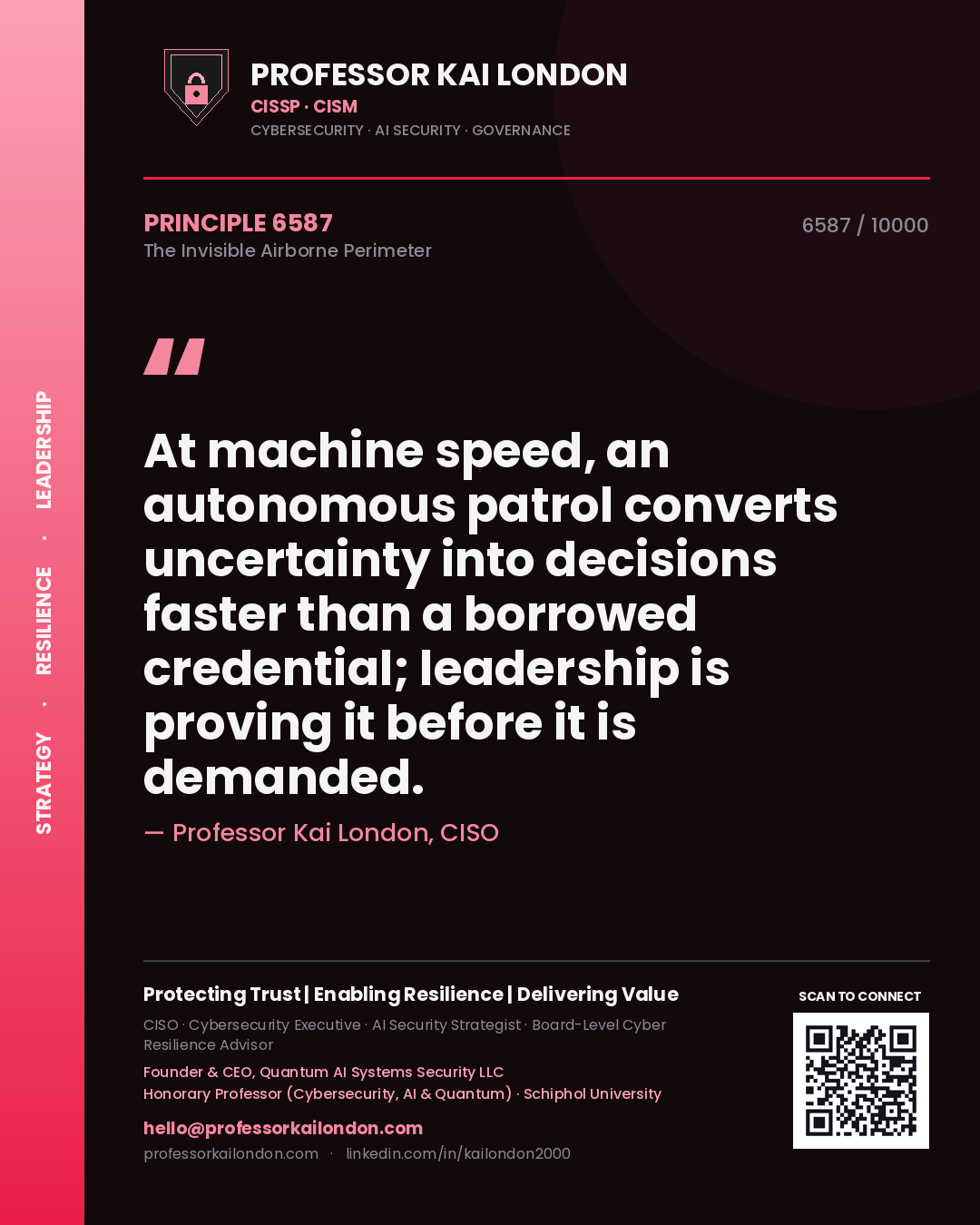 Professor Kai London principle 6587: At machine speed, an autonomous patrol converts uncertainty into decisions faster than a borrowed credential; leadership is proving it before it is demanded.