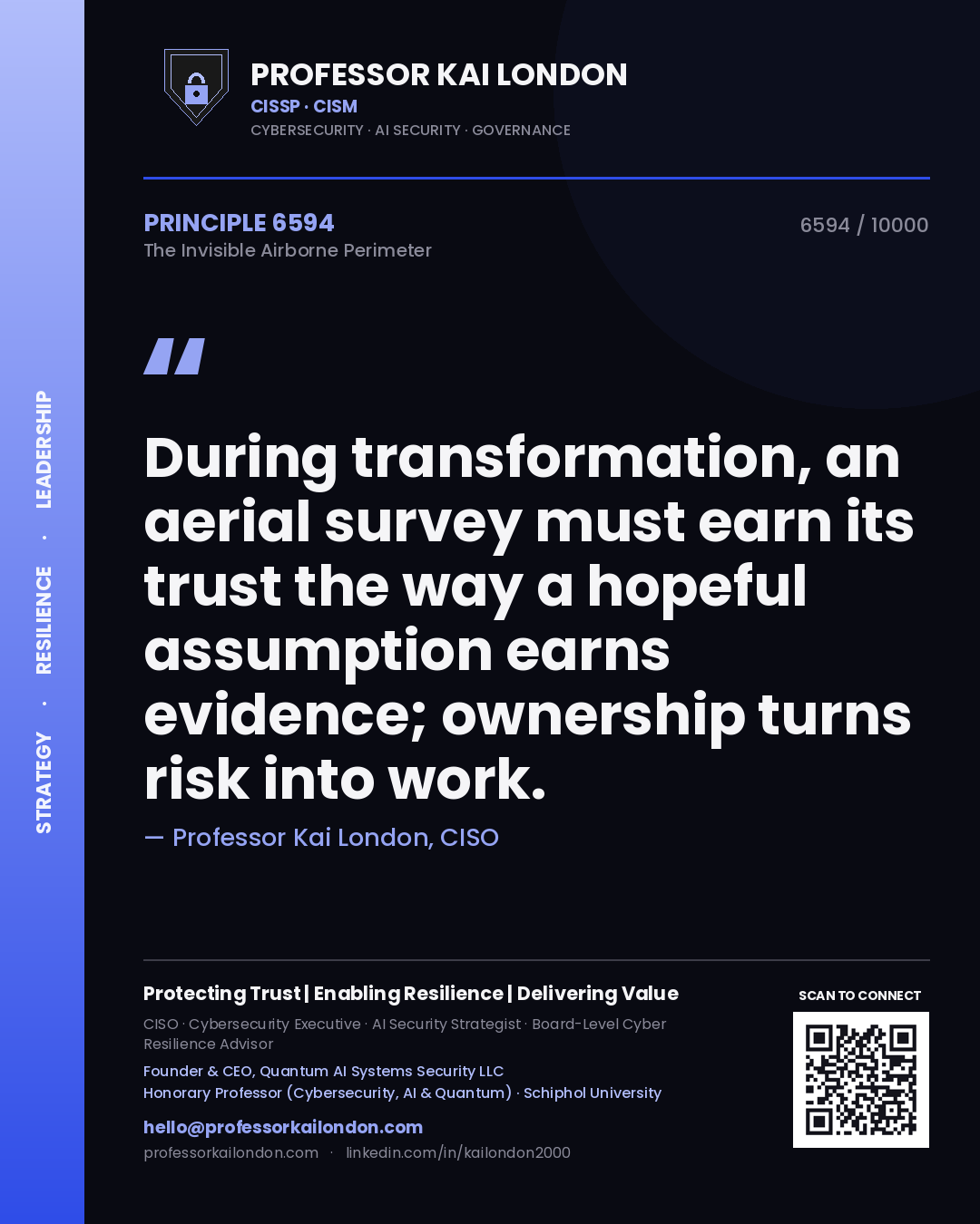 Quote card by Professor Kai London reading 'During transformation, an aerial survey must earn its trust the way a hopeful assumption earns evidence; ownership turns risk into work.'. From the book The Invisible Airborne Perimeter.