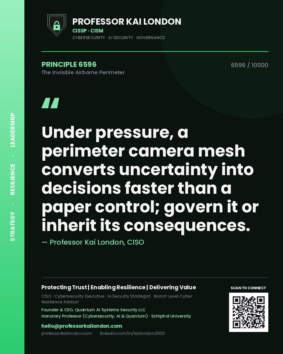 Professor Kai London principle 6596: Under pressure, a perimeter camera mesh converts uncertainty into decisions faster than a paper control; govern it or inherit its consequences.