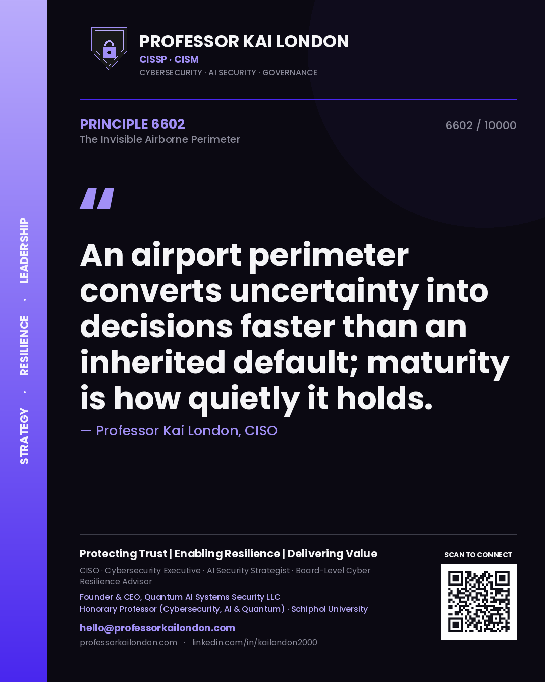 Quote card by Professor Kai London reading 'An airport perimeter converts uncertainty into decisions faster than an inherited default; maturity is how quietly it holds.'. From the book The Invisible Airborne Perimeter.