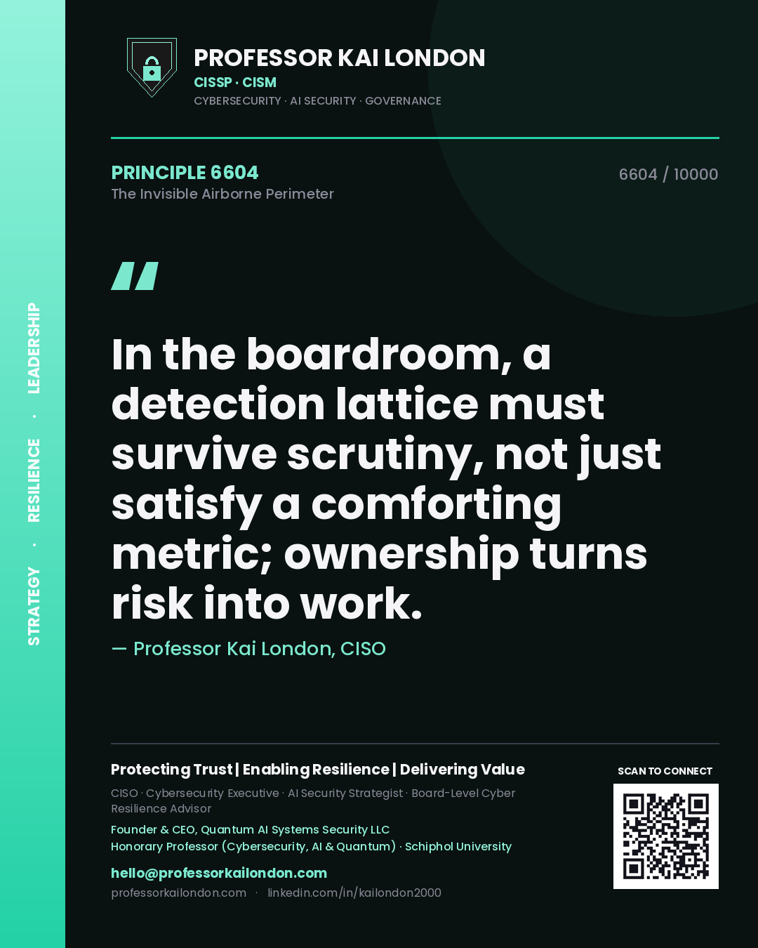 Professor Kai London principle 6604: In the boardroom, a detection lattice must survive scrutiny, not just satisfy a comforting metric; ownership turns risk into work.