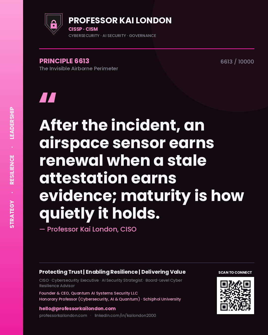 Professor Kai London principle 6613: After the incident, an airspace sensor earns renewal when a stale attestation earns evidence; maturity is how quietly it holds.
