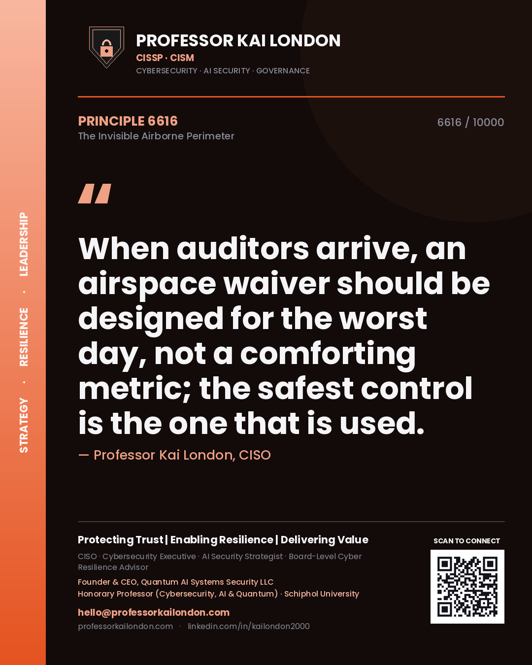 Quote card by Professor Kai London reading 'When auditors arrive, an airspace waiver should be designed for the worst day, not a comforting metric; the safest control is the one that is used.'. From the book The Invisible Airborne Perimeter.