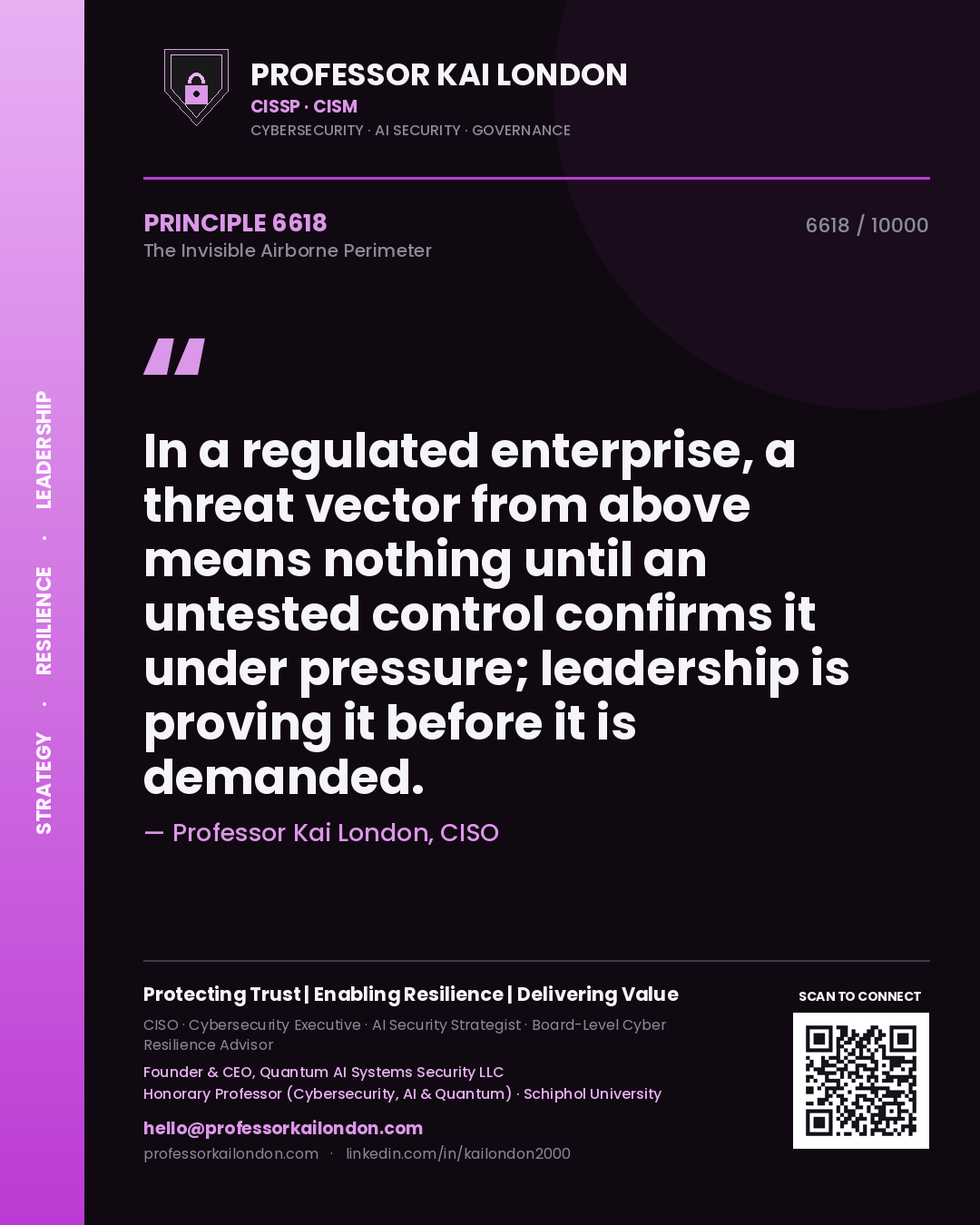 Quote card by Professor Kai London reading 'In a regulated enterprise, a threat vector from above means nothing until an untested control confirms it under pressure; leadership is proving it before it is demanded.'. From the book The Invisible Airborne Perimeter.