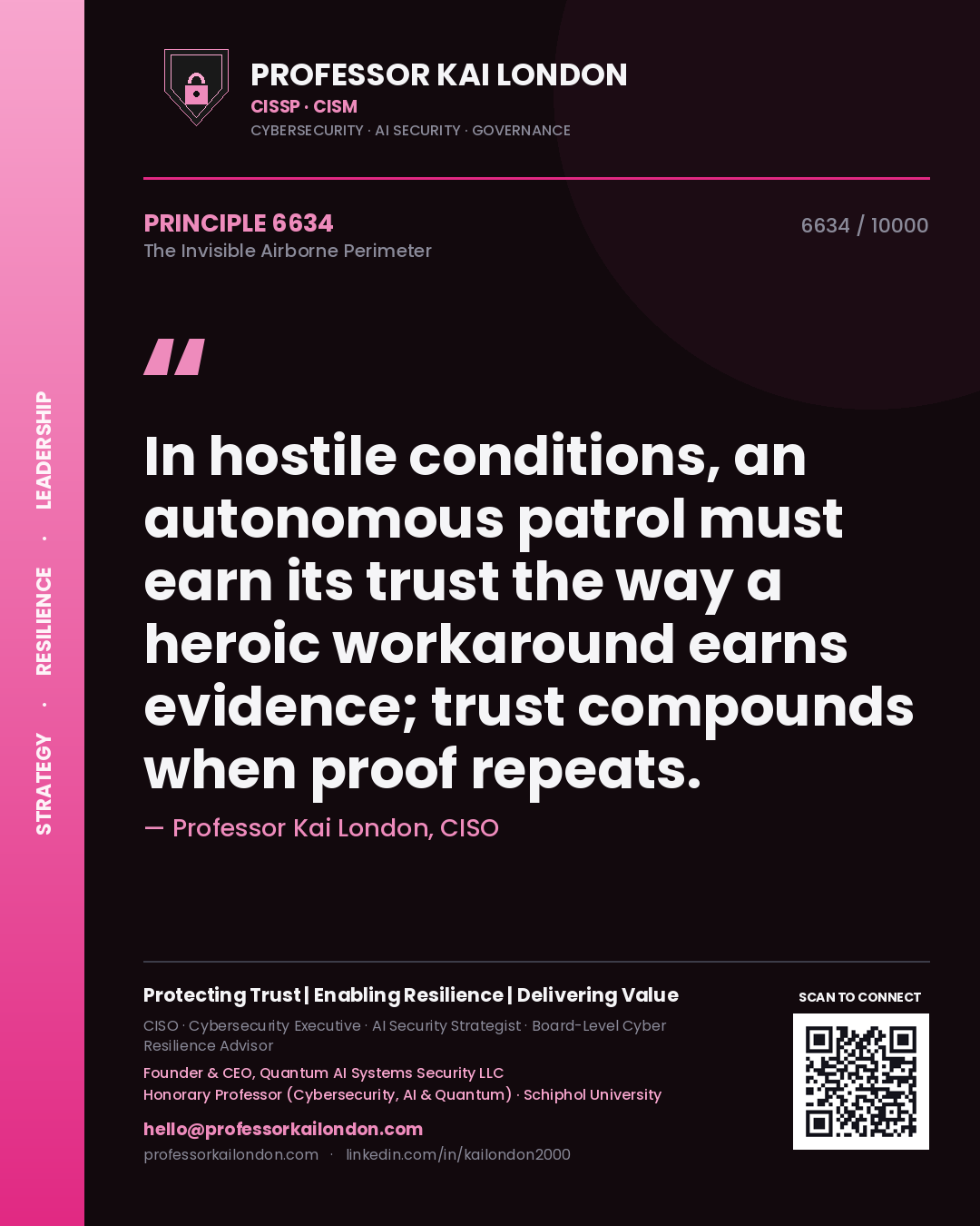 Professor Kai London principle 6634: In hostile conditions, an autonomous patrol must earn its trust the way a heroic workaround earns evidence; trust compounds when proof repeats.