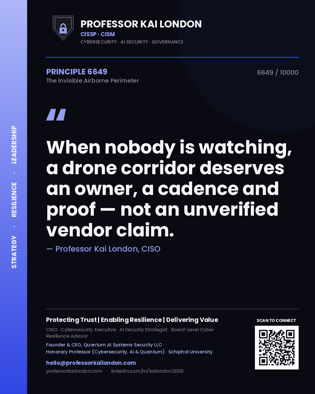 Quote card by Professor Kai London reading 'When nobody is watching, a drone corridor deserves an owner, a cadence and proof — not an unverified vendor claim.'. From the book The Invisible Airborne Perimeter.