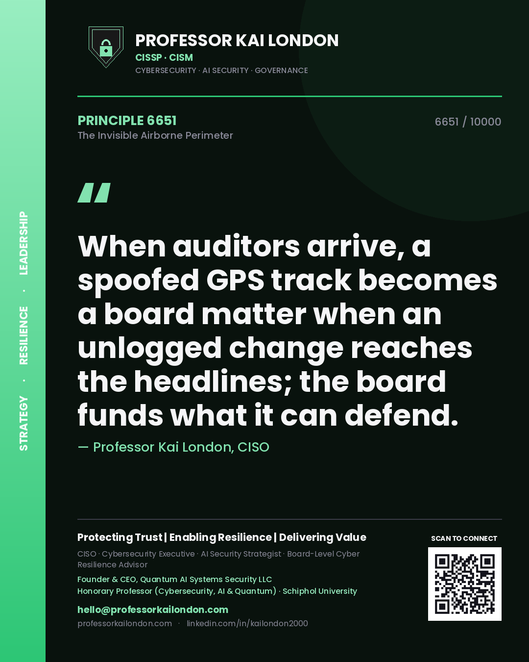 Quote card by Professor Kai London reading 'When auditors arrive, a spoofed GPS track becomes a board matter when an unlogged change reaches the headlines; the board funds what it can defend.'. From the book The Invisible Airborne Perimeter.