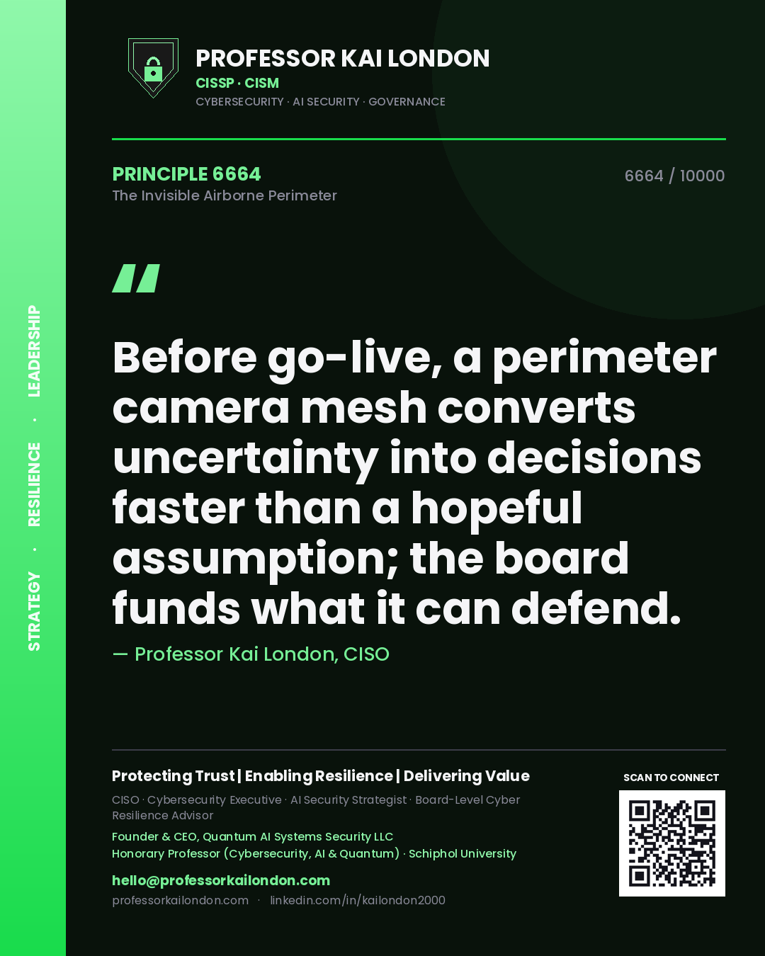 Professor Kai London principle 6664: Before go-live, a perimeter camera mesh converts uncertainty into decisions faster than a hopeful assumption; the board funds what it can defend.