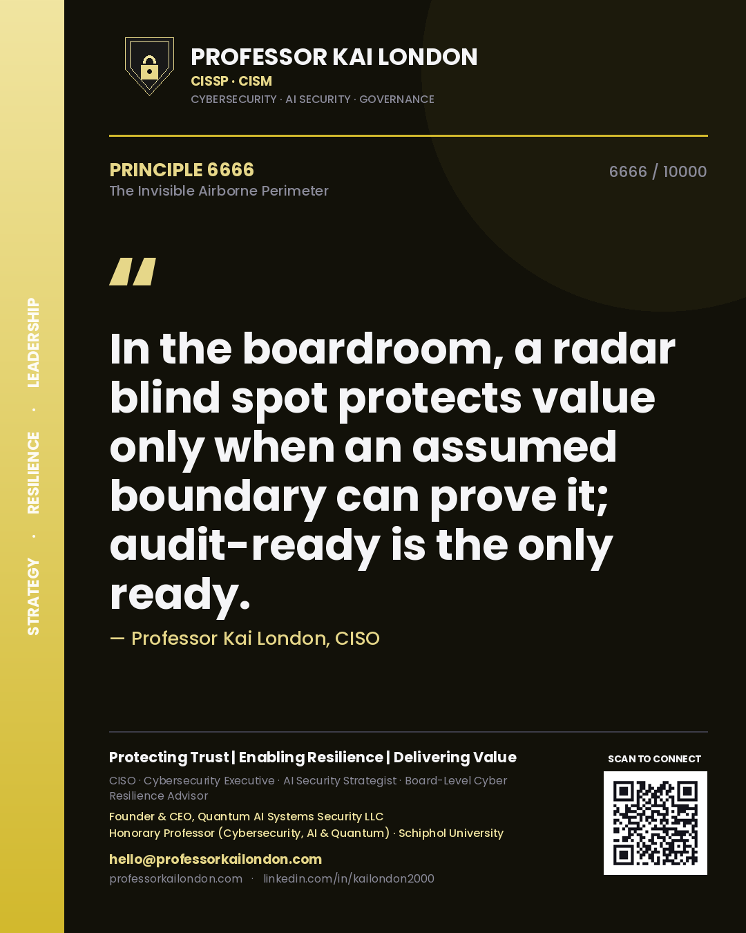 Professor Kai London principle 6666: In the boardroom, a radar blind spot protects value only when an assumed boundary can prove it; audit-ready is the only ready.