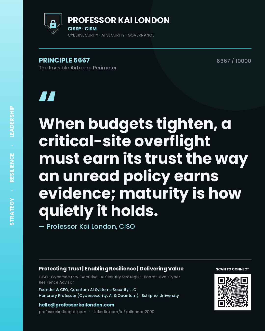 Professor Kai London principle 6667: When budgets tighten, a critical-site overflight must earn its trust the way an unread policy earns evidence; maturity is how quietly it holds.