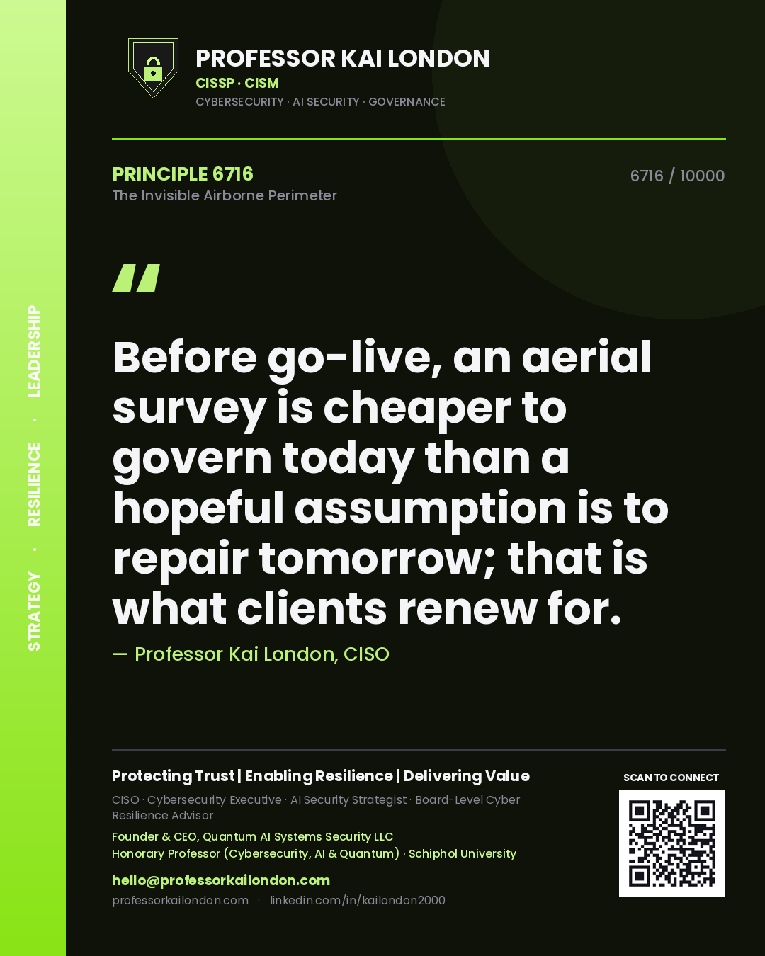 Professor Kai London principle 6716: Before go-live, an aerial survey is cheaper to govern today than a hopeful assumption is to repair tomorrow; that is what clients renew for.