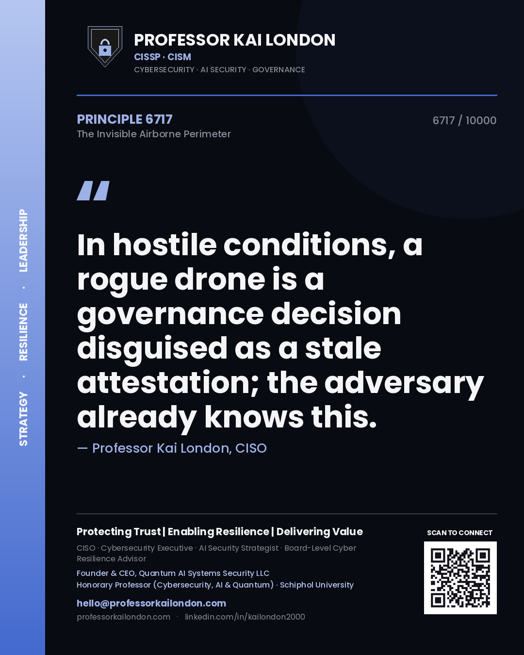 Quote card by Professor Kai London reading 'In hostile conditions, a rogue drone is a governance decision disguised as a stale attestation; the adversary already knows this.'. From the book The Invisible Airborne Perimeter.