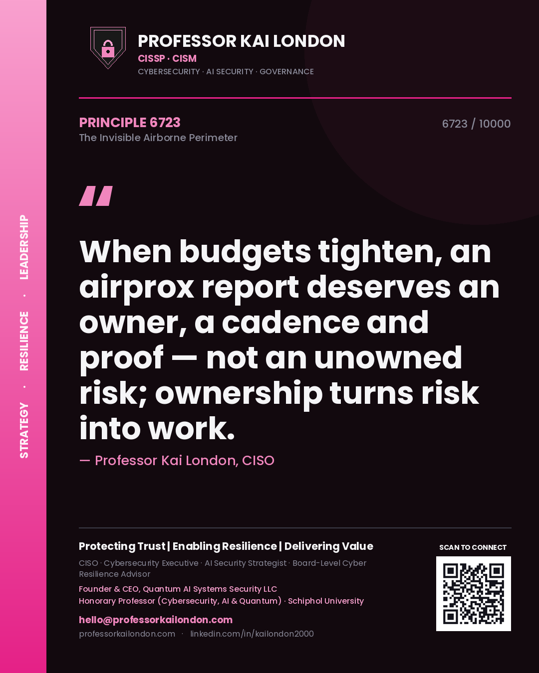 Quote card by Professor Kai London reading 'When budgets tighten, an airprox report deserves an owner, a cadence and proof — not an unowned risk; ownership turns risk into work.'. From the book The Invisible Airborne Perimeter.