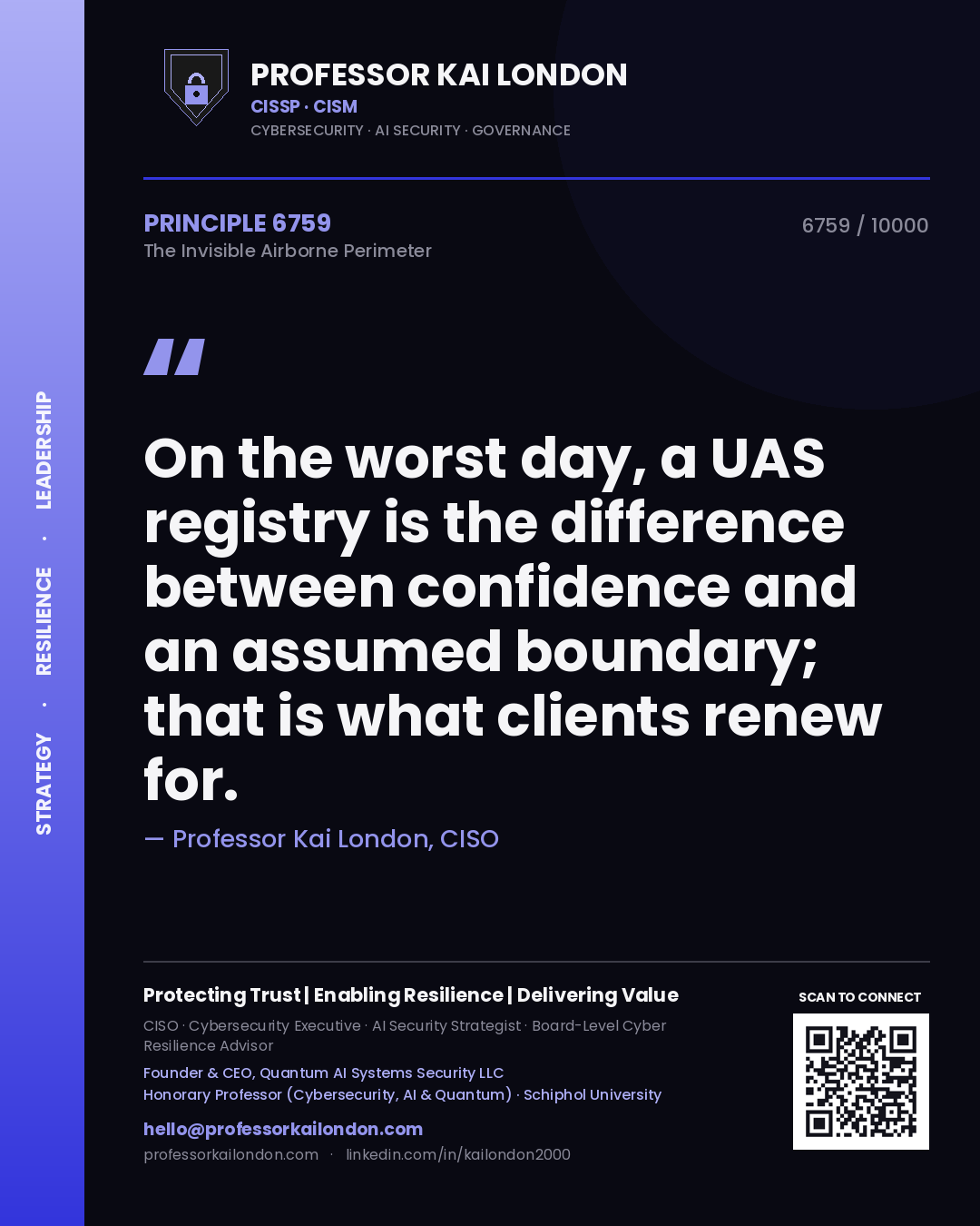 Quote card by Professor Kai London reading 'On the worst day, a UAS registry is the difference between confidence and an assumed boundary; that is what clients renew for.'. From the book The Invisible Airborne Perimeter.