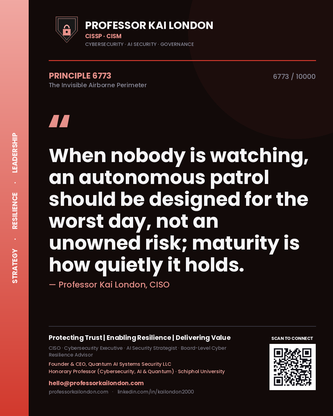 Quote card by Professor Kai London reading 'When nobody is watching, an autonomous patrol should be designed for the worst day, not an unowned risk; maturity is how quietly it holds.'. From the book The Invisible Airborne Perimeter.