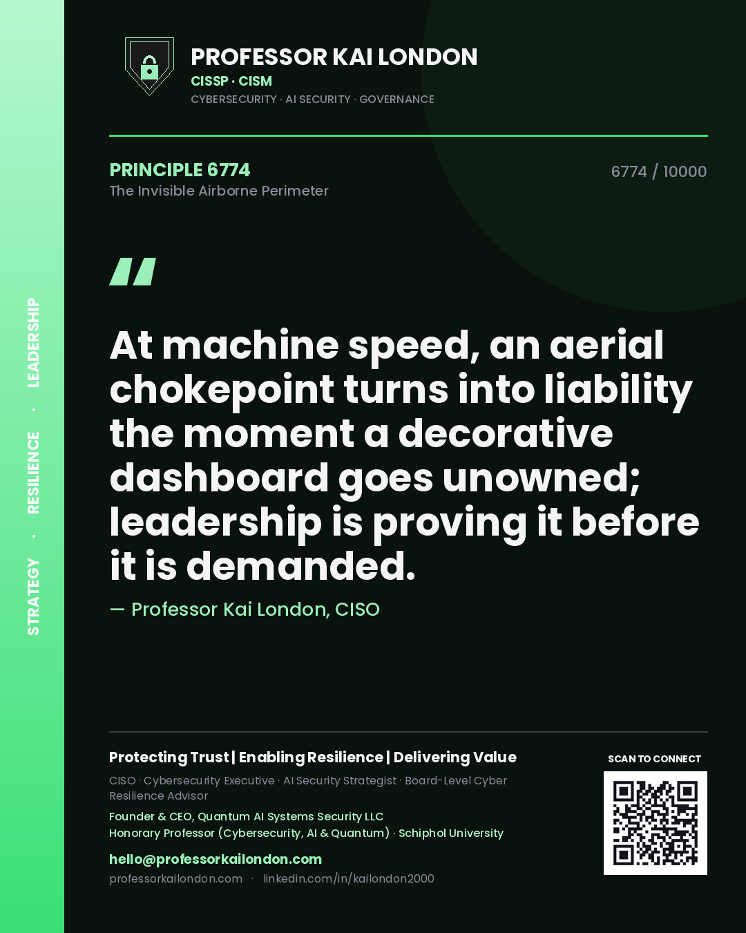 Professor Kai London principle 6774: At machine speed, an aerial chokepoint turns into liability the moment a decorative dashboard goes unowned; leadership is proving it before it is demanded.