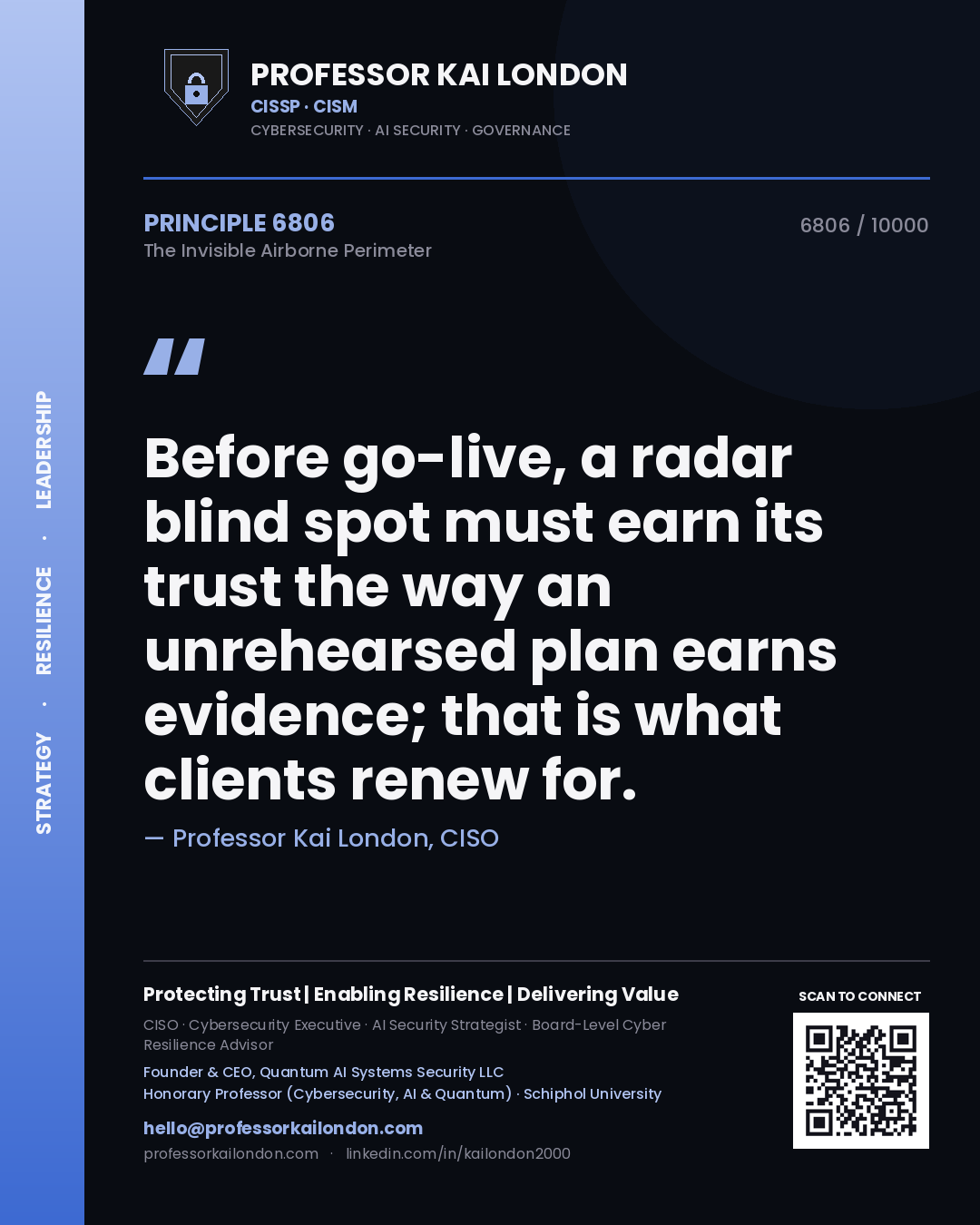 Quote card by Professor Kai London reading 'Before go-live, a radar blind spot must earn its trust the way an unrehearsed plan earns evidence; that is what clients renew for.'. From the book The Invisible Airborne Perimeter.