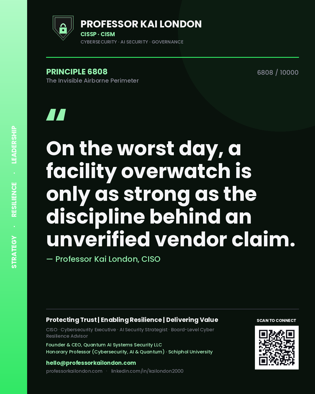 Quote card by Professor Kai London reading 'On the worst day, a facility overwatch is only as strong as the discipline behind an unverified vendor claim.'. From the book The Invisible Airborne Perimeter.