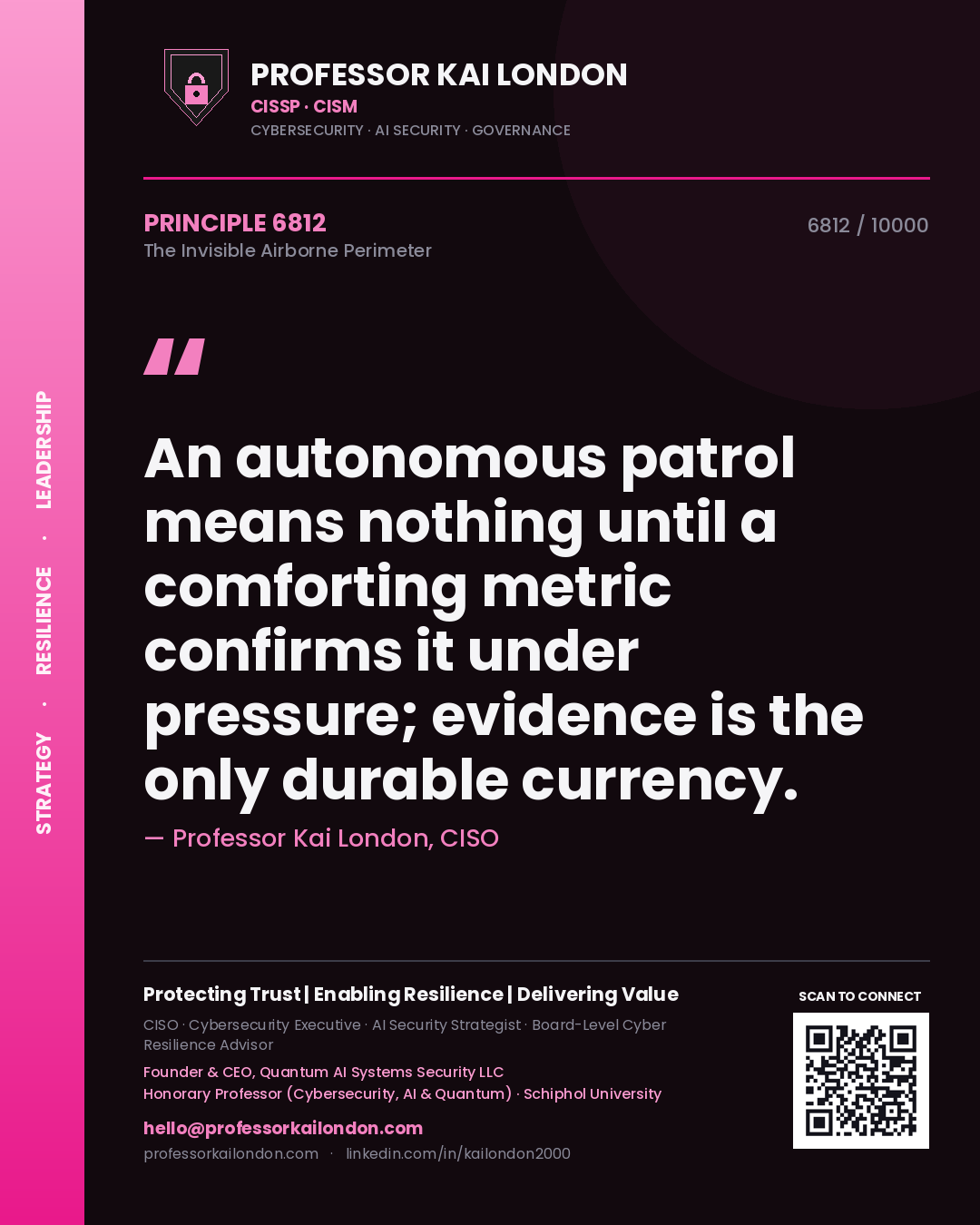 Quote card by Professor Kai London reading 'An autonomous patrol means nothing until a comforting metric confirms it under pressure; evidence is the only durable currency.'. From the book The Invisible Airborne Perimeter.