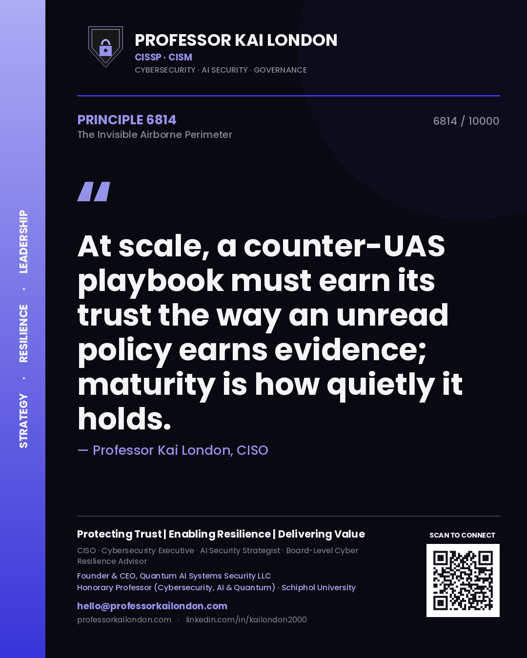 Quote card by Professor Kai London reading 'At scale, a counter-UAS playbook must earn its trust the way an unread policy earns evidence; maturity is how quietly it holds.'. From the book The Invisible Airborne Perimeter.