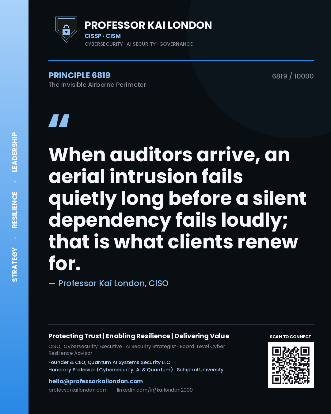 Quote card by Professor Kai London reading 'When auditors arrive, an aerial intrusion fails quietly long before a silent dependency fails loudly; that is what clients renew for.'. From the book The Invisible Airborne Perimeter.