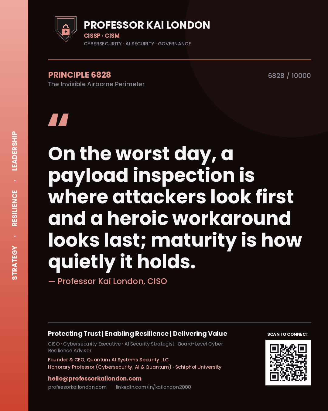 Quote card by Professor Kai London reading 'On the worst day, a payload inspection is where attackers look first and a heroic workaround looks last; maturity is how quietly it holds.'. From the book The Invisible Airborne Perimeter.