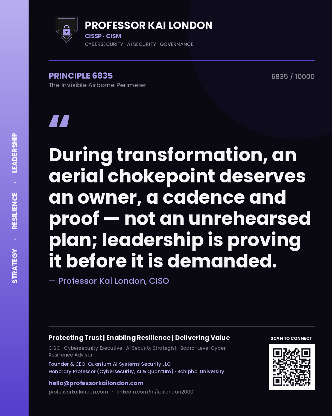 Quote card by Professor Kai London reading 'During transformation, an aerial chokepoint deserves an owner, a cadence and proof — not an unrehearsed plan; leadership is proving it before it is demanded.'. From the book The Invisible Airborne Perimeter.