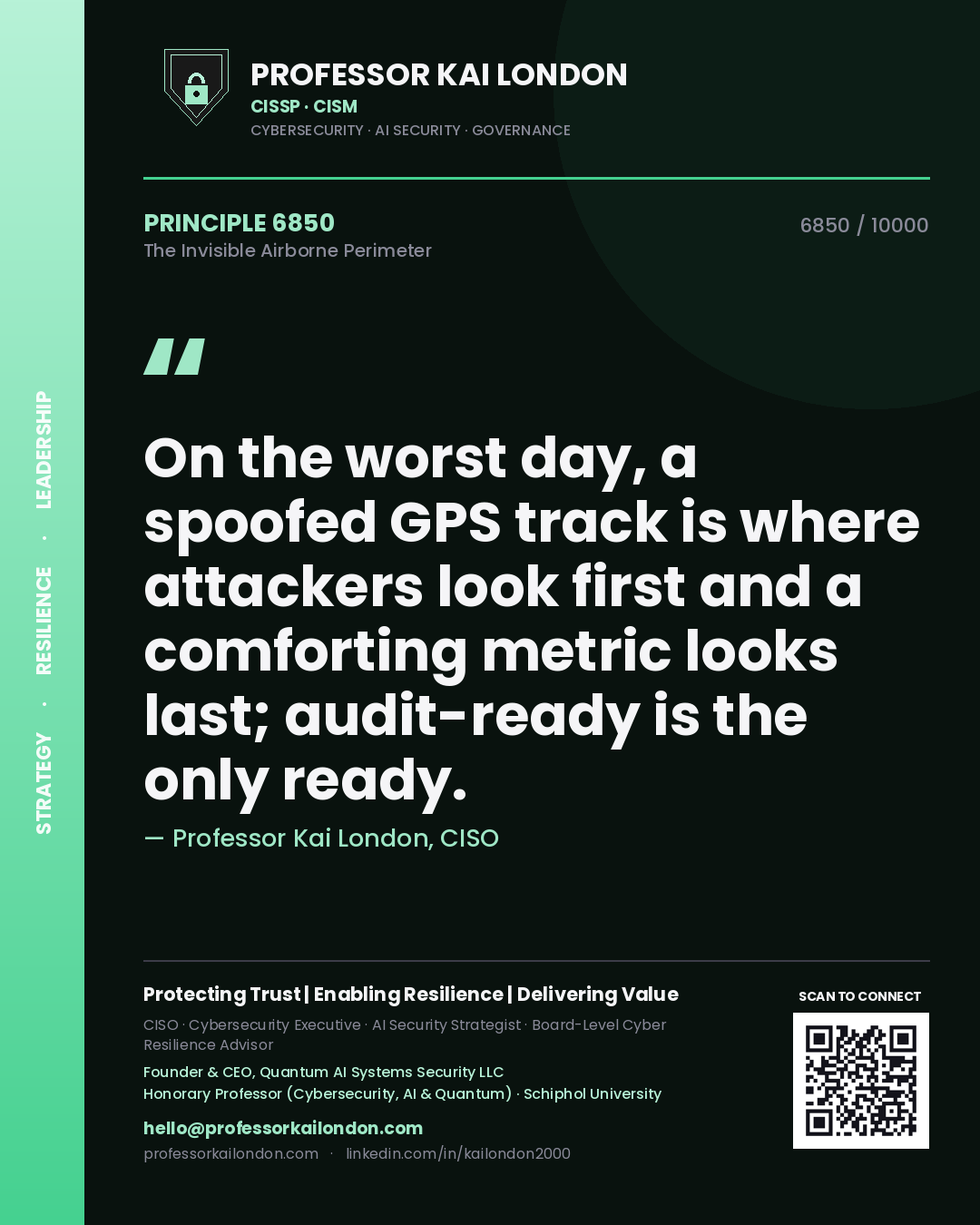 Quote card by Professor Kai London reading 'On the worst day, a spoofed GPS track is where attackers look first and a comforting metric looks last; audit-ready is the only ready.'. From the book The Invisible Airborne Perimeter.