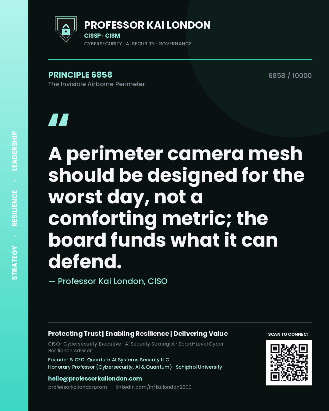 Quote card by Professor Kai London reading 'A perimeter camera mesh should be designed for the worst day, not a comforting metric; the board funds what it can defend.'. From the book The Invisible Airborne Perimeter.