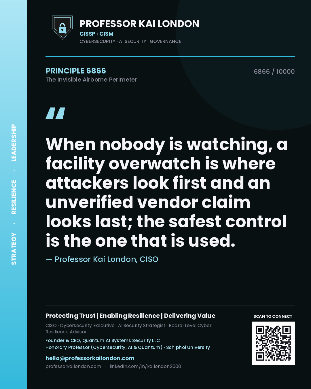 Professor Kai London principle 6866: When nobody is watching, a facility overwatch is where attackers look first and an unverified vendor claim looks last; the safest control is the one that is used.