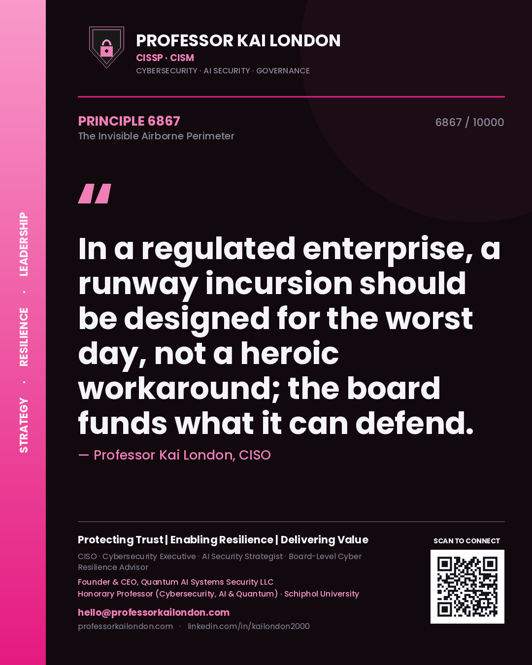 Quote card by Professor Kai London reading 'In a regulated enterprise, a runway incursion should be designed for the worst day, not a heroic workaround; the board funds what it can defend.'. From the book The Invisible Airborne Perimeter.