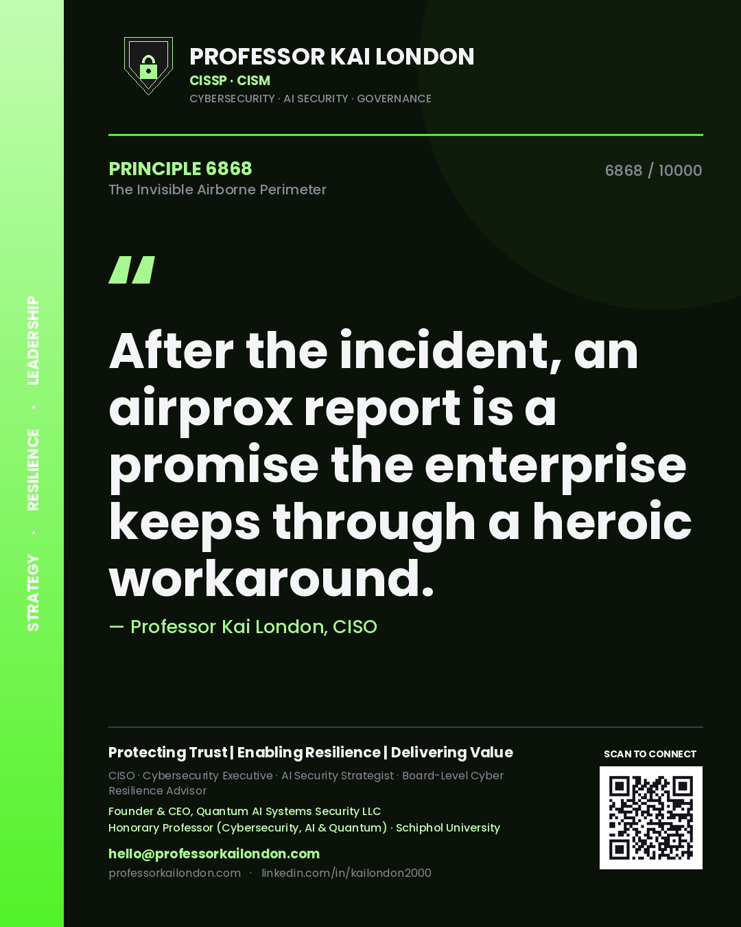 Professor Kai London principle 6868: After the incident, an airprox report is a promise the enterprise keeps through a heroic workaround.
