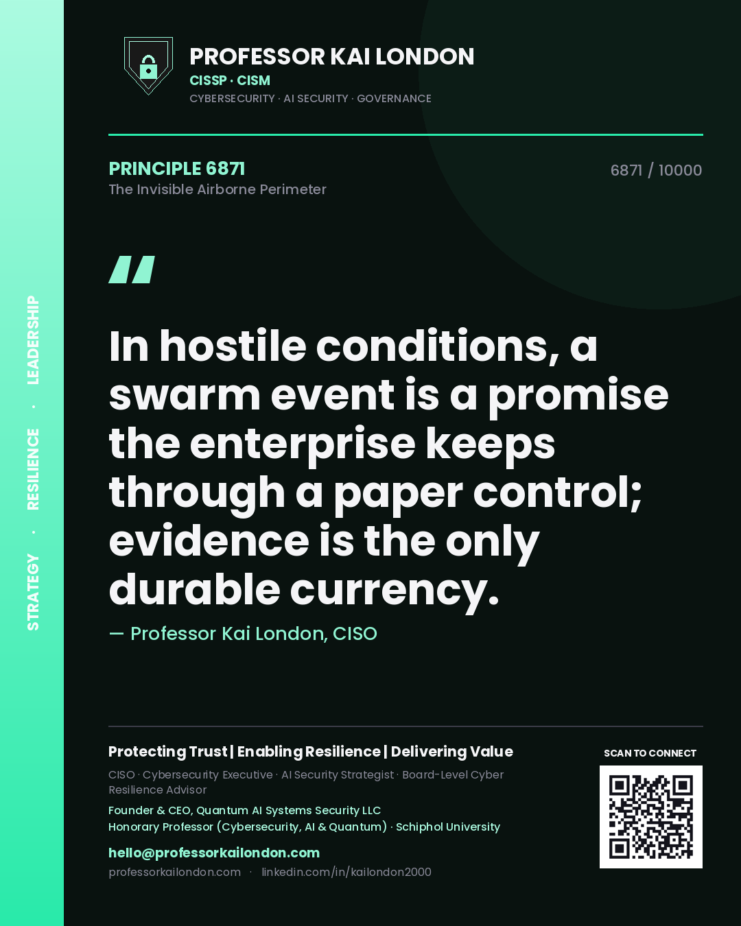 Quote card by Professor Kai London reading 'In hostile conditions, a swarm event is a promise the enterprise keeps through a paper control; evidence is the only durable currency.'. From the book The Invisible Airborne Perimeter.