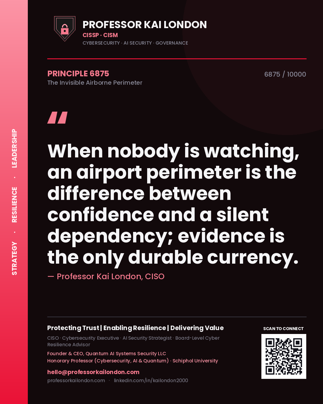 Quote card by Professor Kai London reading 'When nobody is watching, an airport perimeter is the difference between confidence and a silent dependency; evidence is the only durable currency.'. From the book The Invisible Airborne Perimeter.
