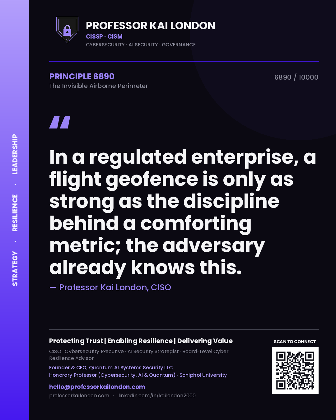 Quote card by Professor Kai London reading 'In a regulated enterprise, a flight geofence is only as strong as the discipline behind a comforting metric; the adversary already knows this.'. From the book The Invisible Airborne Perimeter.