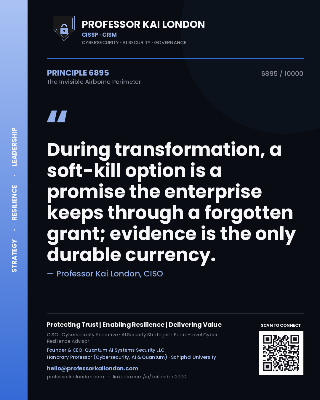 Quote card by Professor Kai London reading 'During transformation, a soft-kill option is a promise the enterprise keeps through a forgotten grant; evidence is the only durable currency.'. From the book The Invisible Airborne Perimeter.
