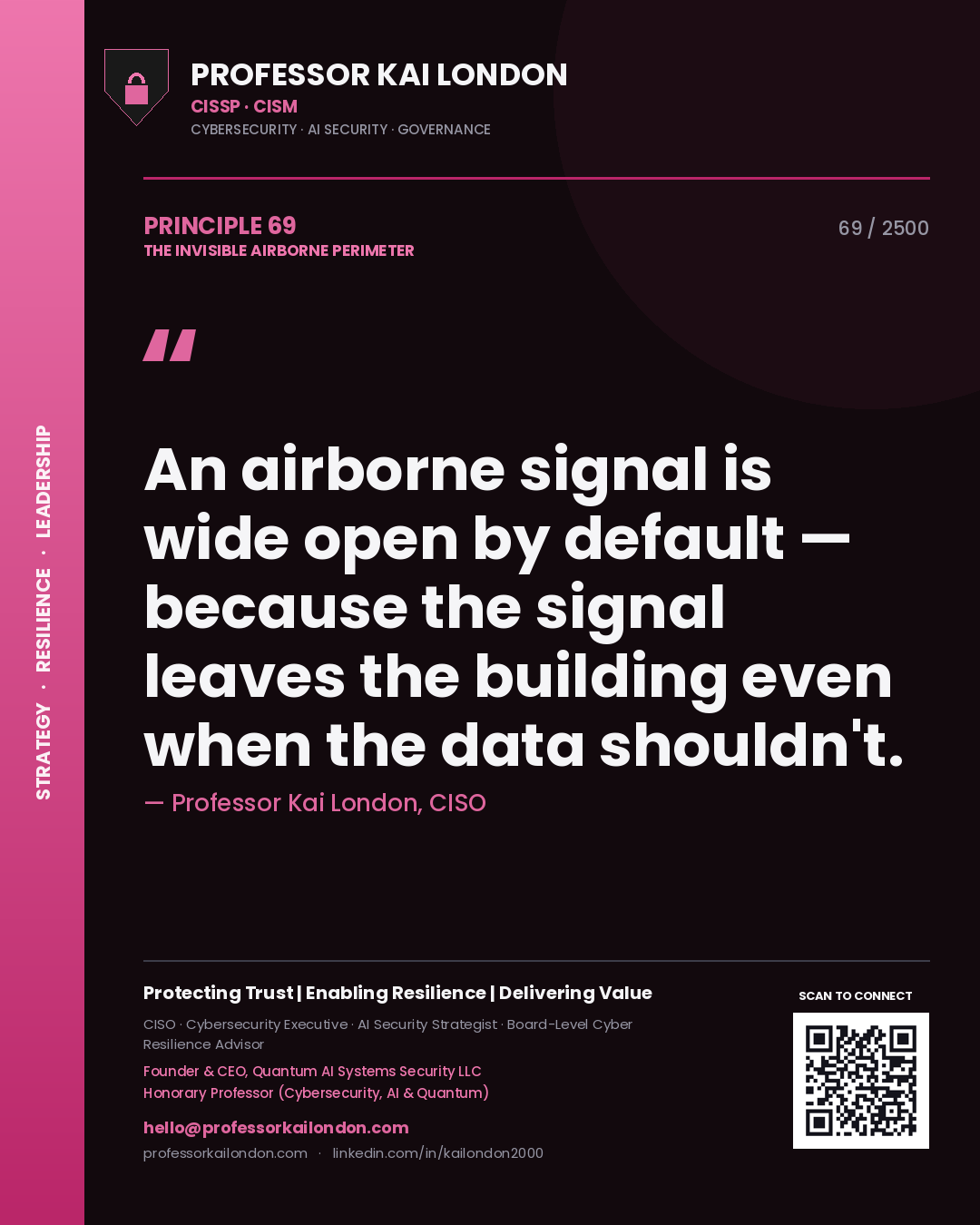 Professor Kai London principle 69: An airborne signal is wide open by default — because the signal leaves the building even when the data shouldn't.