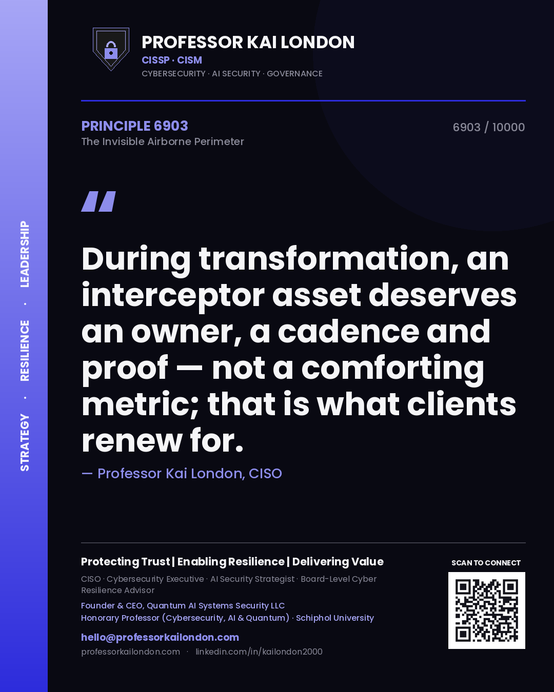 Professor Kai London principle 6903: During transformation, an interceptor asset deserves an owner, a cadence and proof — not a comforting metric; that is what clients renew for.