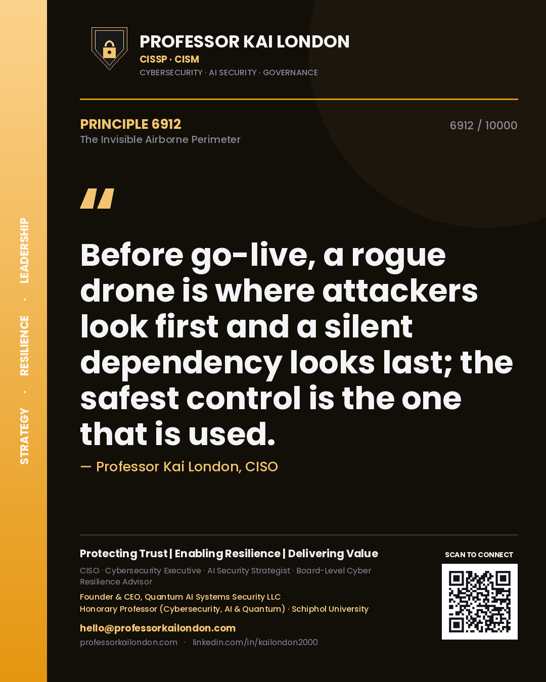 Professor Kai London principle 6912: Before go-live, a rogue drone is where attackers look first and a silent dependency looks last; the safest control is the one that is used.