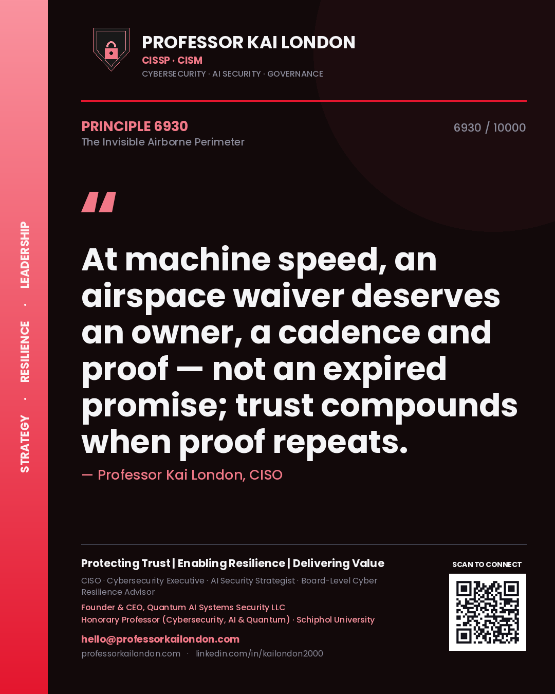 Professor Kai London principle 6930: At machine speed, an airspace waiver deserves an owner, a cadence and proof — not an expired promise; trust compounds when proof repeats.