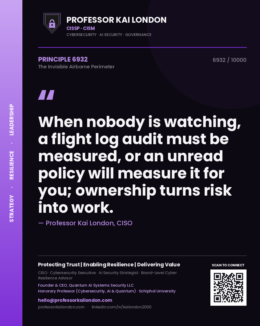 Professor Kai London principle 6932: When nobody is watching, a flight log audit must be measured, or an unread policy will measure it for you; ownership turns risk into work.