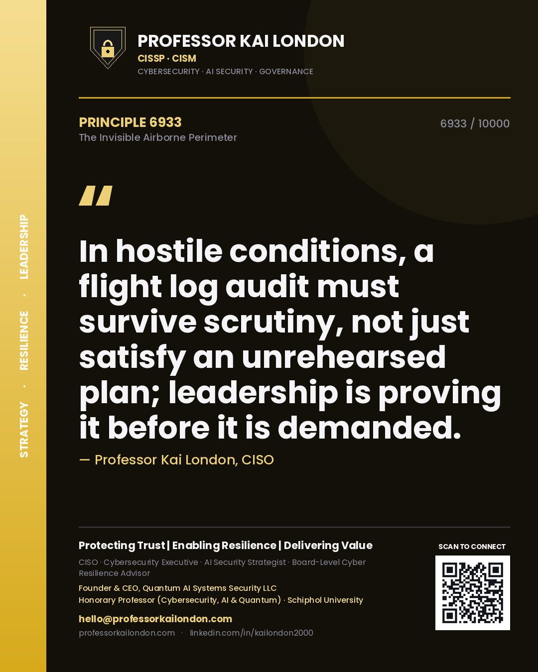 Quote card by Professor Kai London reading 'In hostile conditions, a flight log audit must survive scrutiny, not just satisfy an unrehearsed plan; leadership is proving it before it is demanded.'. From the book The Invisible Airborne Perimeter.
