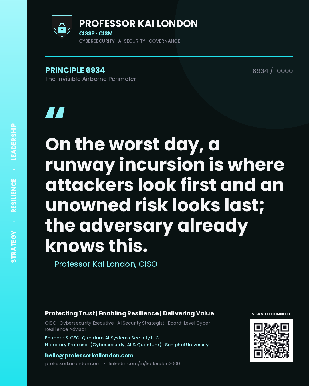 Professor Kai London principle 6934: On the worst day, a runway incursion is where attackers look first and an unowned risk looks last; the adversary already knows this.